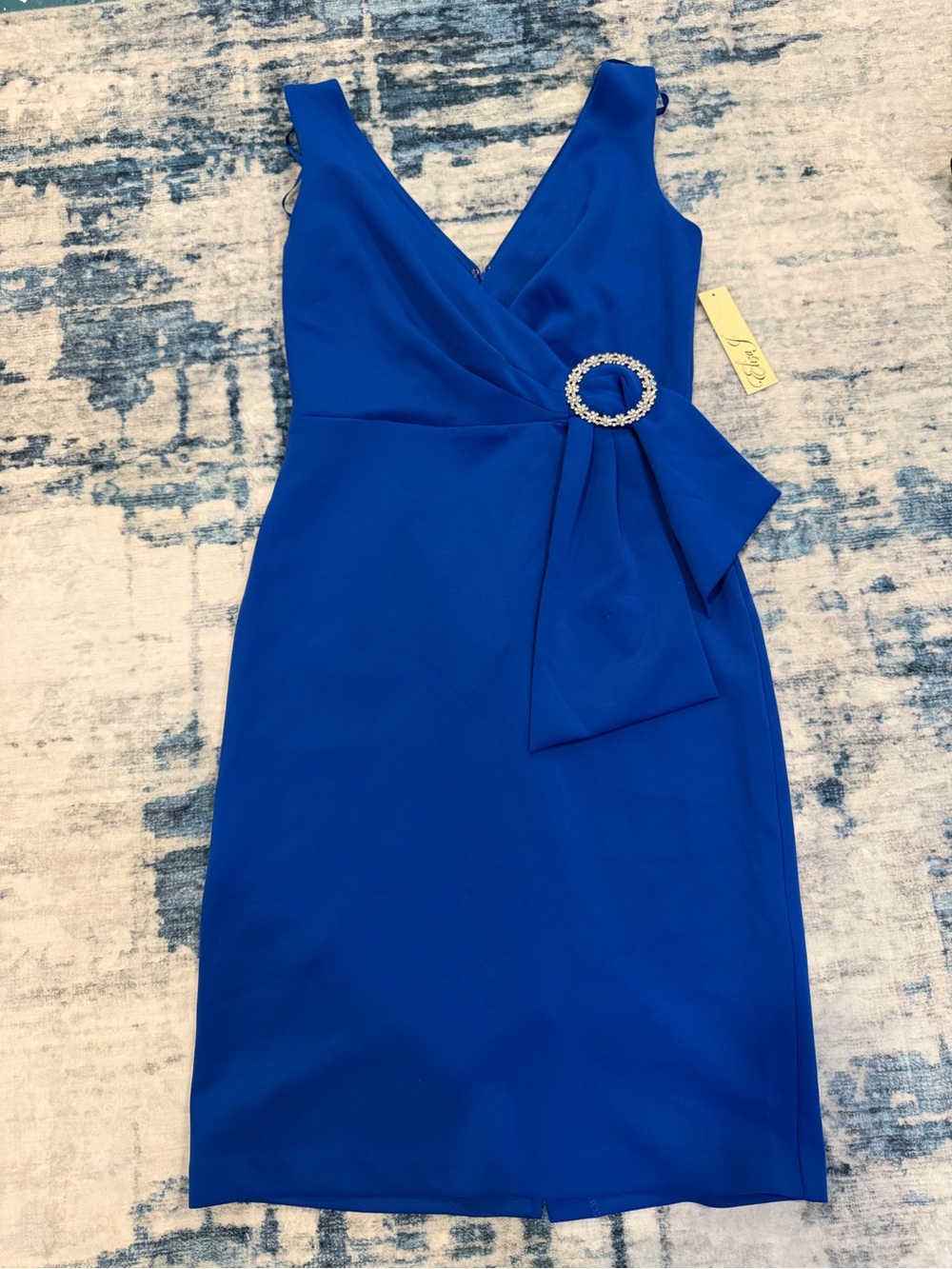Eliza J Cobalt Blue V-Neck Sheath Dress with Rhinestone Buckle